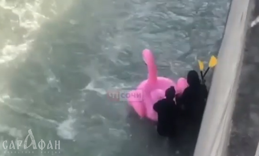 Мужчины, сплавлявшиеся по реке на розовом фламинго, попали на видео в Сочи