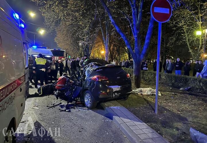 В центре Краснодара автомобиль на большой скорости врезался в дерево