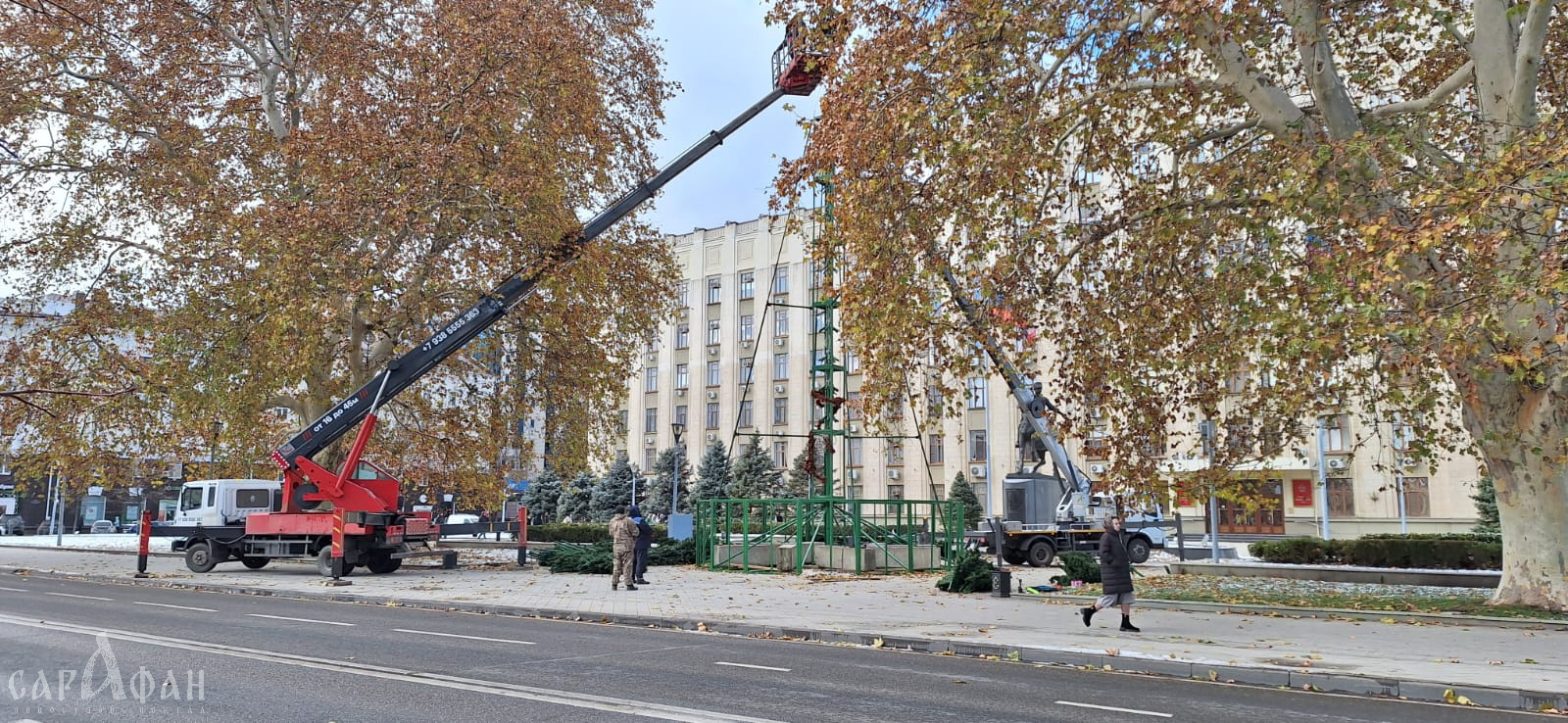 В Краснодаре начали устанавливать новогоднюю елку возле здания краевой администрации 